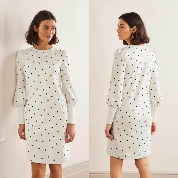 BODEN Ramona Sweatshirt Dress Long Sleeve Ivory Navy Blue Polka-dot 100% Cotton - Picture 1 of 12
